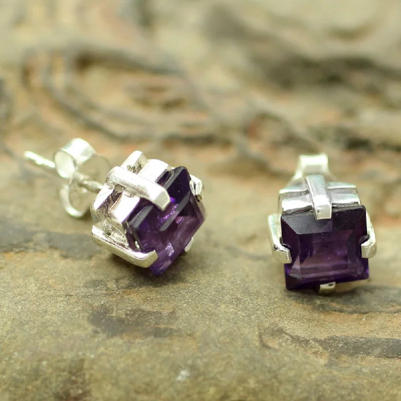 adjustable branch crest earrings-Curled alloy earrings-Handmade Sterling Silver 'India Charm' Amethyst Earrings (India)