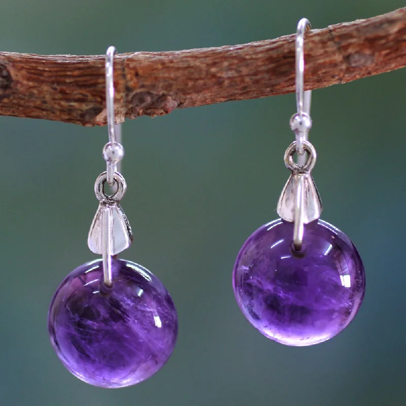 artisan-crafted rose earrings-Net weave earrings-Handmade Sterling Silver 'Moon Of Mysticism' Amethyst Earrings (India)