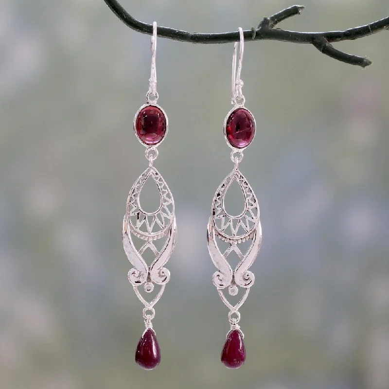 modern layered emerald earrings-Linden husk earrings-Handmade Sterling Silver 'Mughal Mystery' Ruby Garnet Earrings (India) - 3.1*0.5