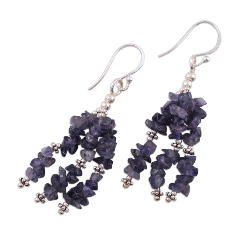 bold sapphire summit apex earrings-Raised scale earrings-Handmade Sterling Silver Rejoice Iolite Waterfall Earrings (India)