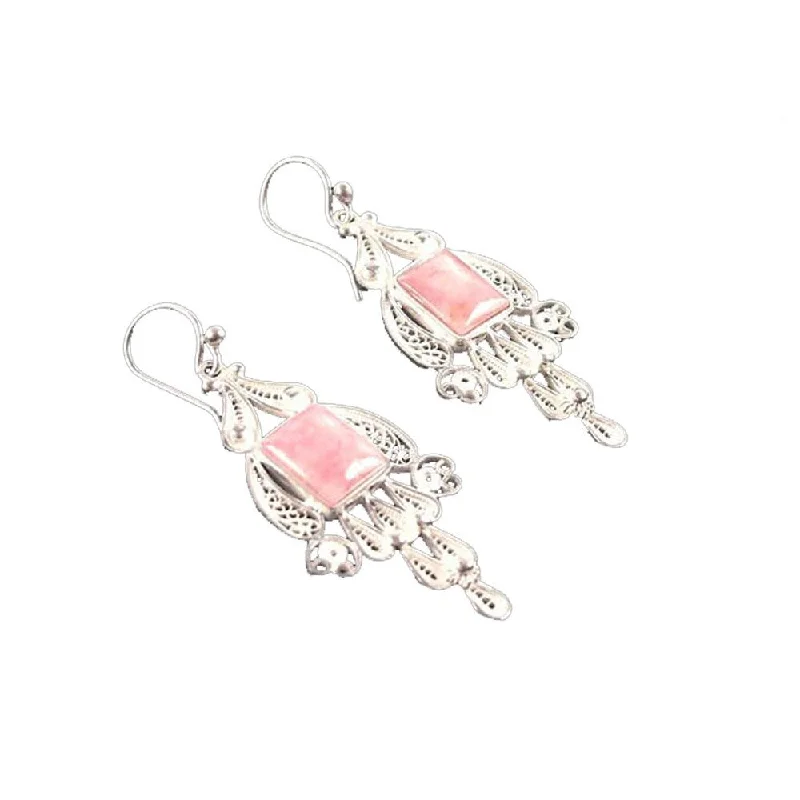 bold opal prong earrings-Relic mine earrings-Handmade Sterling Silver Rose Quartz Pink Tulip Earrings (Peru)