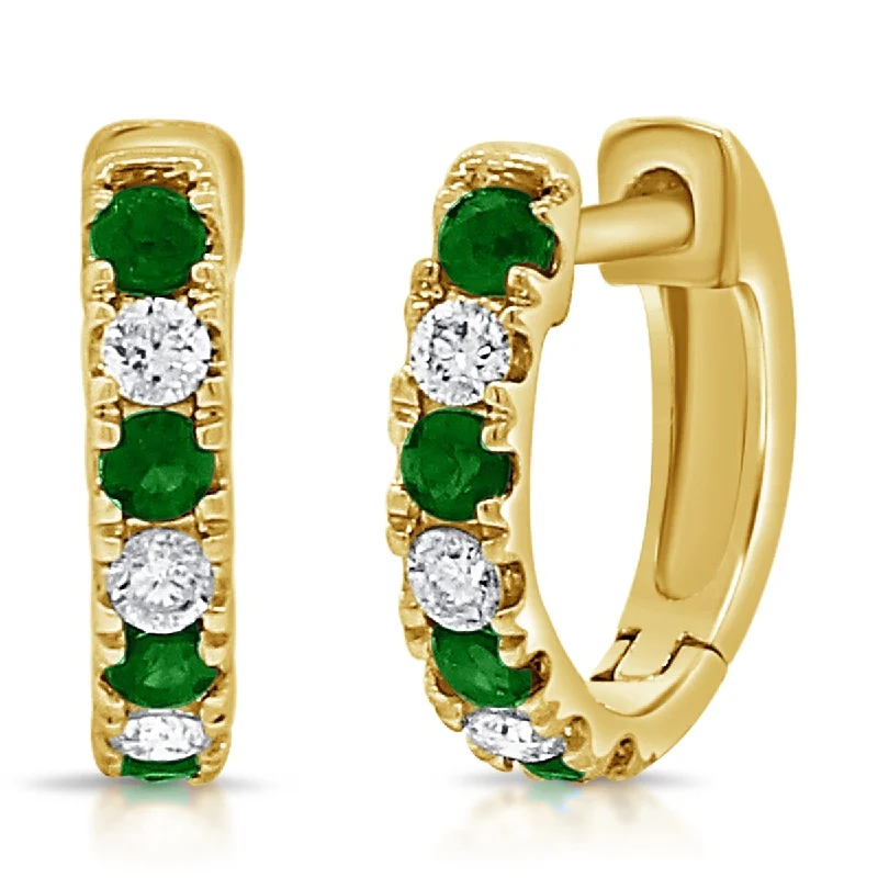 vintage-style peridot earrings-Fuchsia garnet earrings-Joelle Emerald & Diamond Huggie Earrings 14K Gold 13mm