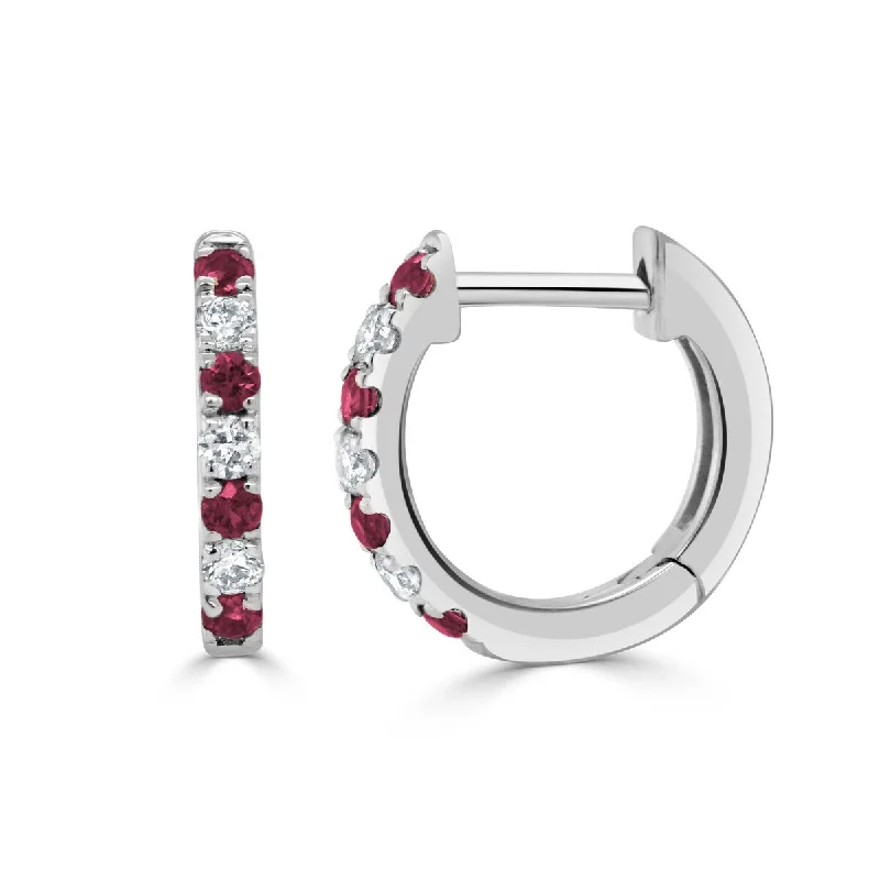 artisan-crafted titanium earrings-Trailing vine earrings-Joelle Ruby & Diamond Huggie Earrings 14K Gold 11mm