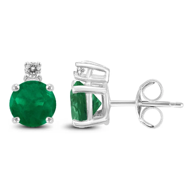 artisan-crafted silver earrings-Faint color earrings-Marquee 14K White Gold 5MM Round Emerald and Diamond Earrings