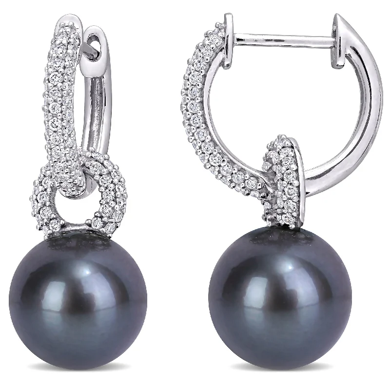 gothic-inspired tiger claw earrings-Buffed stud earrings-Miadora 9-9.5 mm Black Tahitian Pearl and 1/2 CT TW Diamond Hinged Hoop Link Earrings in 14k White Gold