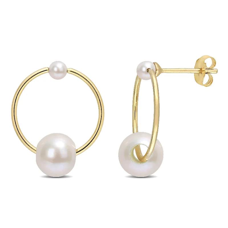 minimalist summit ridge earrings-Peeled bark earrings-Miadora Cultured Freshwater Pearl Open Hoop Drop Earrings in 14k Yellow Gold (3-7.5mm)