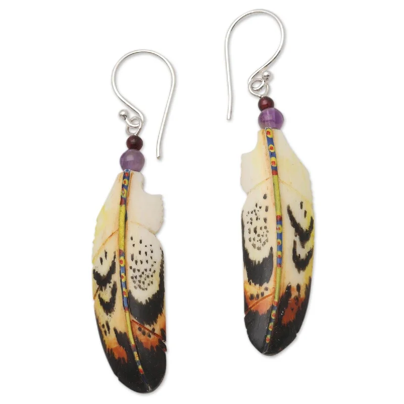 vintage-inspired sapphire earrings-Mixed texture earrings-NOVICA Delightful Feathers, Bone and amethyst dangle earrings - 2.2*0.4