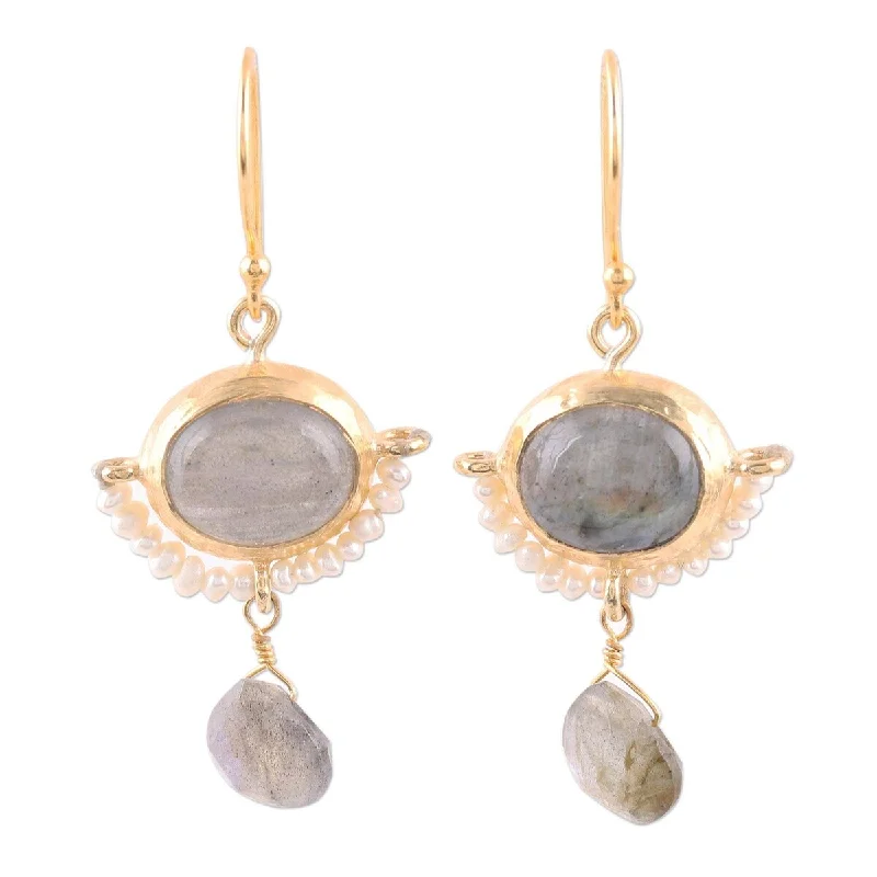 floral-inspired citrine earrings-Ripple tide earrings-NOVICA Everlasting Allure, Gold plated cultured pearl and labradorite dangle earrings - 1.8L*0.8W