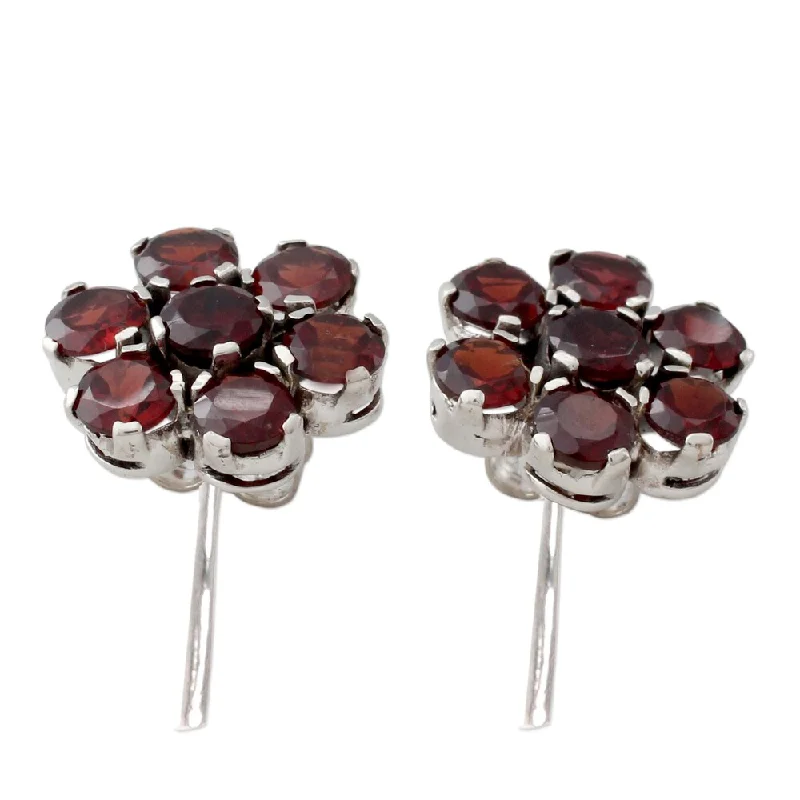 matte silver layer earrings-Solar glow earrings-NOVICA Garnet Button Earrings, 'Romantic Blossom' (India) - 0.7*0.7