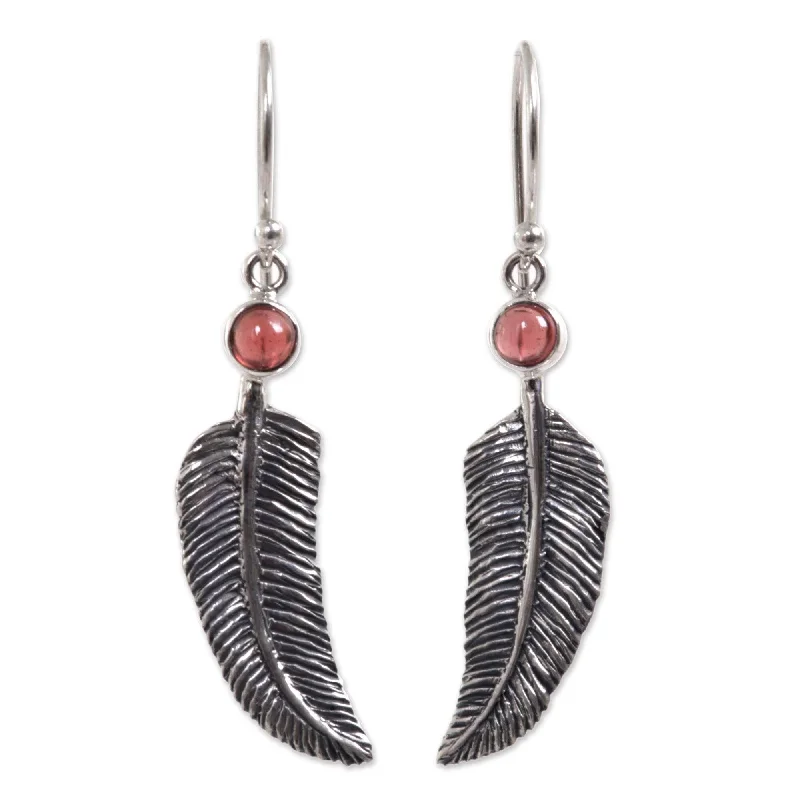 floral-inspired turquoise earrings-Rippled hoop earrings-NOVICA Handmade Sterling Silver 'Light As a Feather' Garnet Earrings (Indonesia)