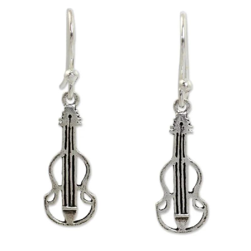 matte silver layer earrings-Solar glow earrings-NOVICA Handmade Sterling Silver Thai Violin Earrings (Thailand)