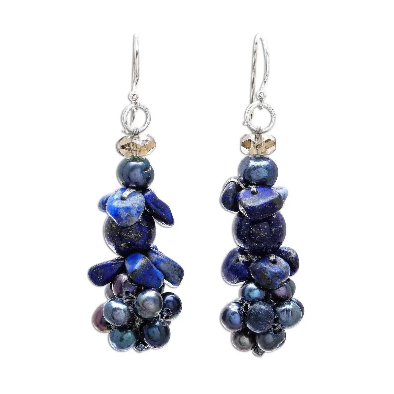 adjustable peak ridge earrings-Branch vein earrings-NOVICA Heaven's Gift, Lapis lazuli and cultured pearl cluster earrings - 1.3*0.6