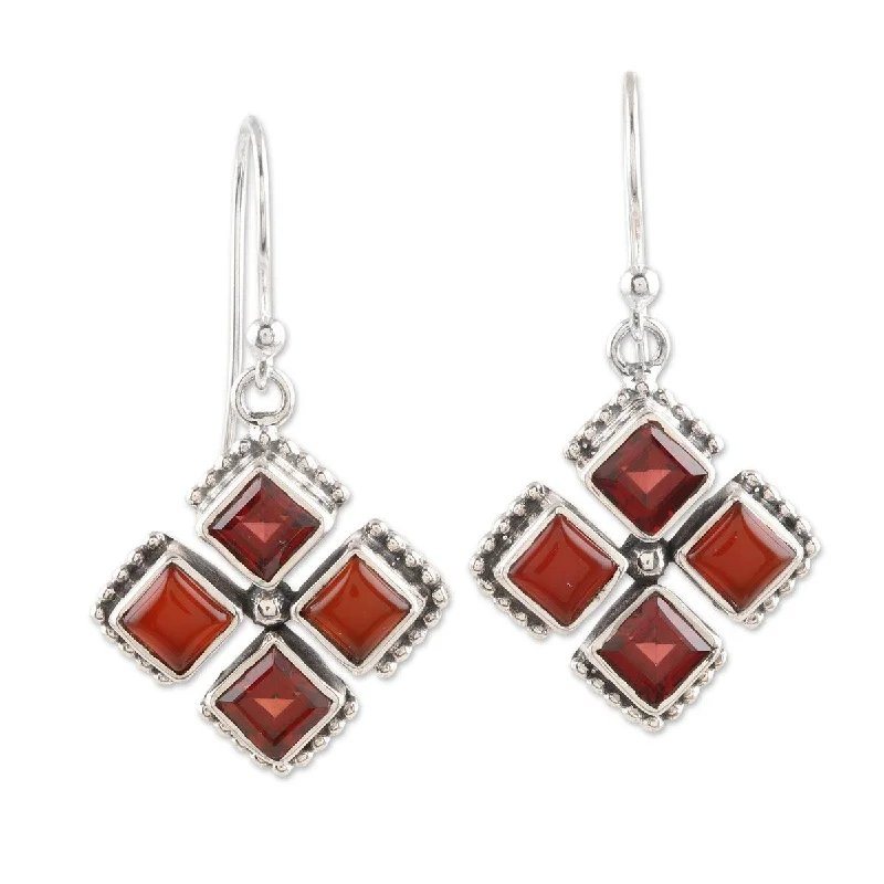 matte rose spiral earrings-Subtle filigree earrings-NOVICA Quadrangle, Garnet and carnelian dangle earrings - 1.4*0.8