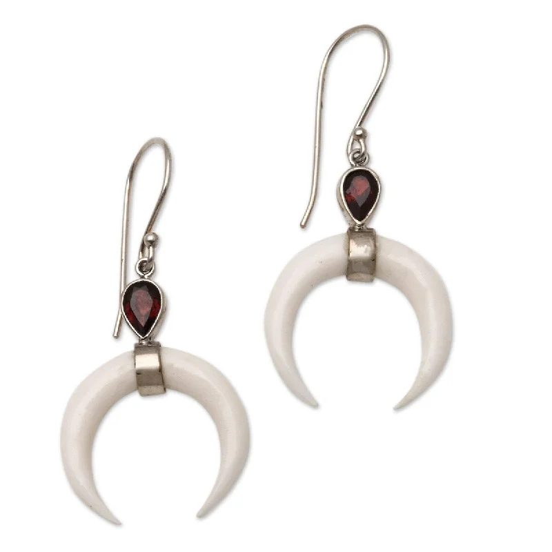 vintage-inspired sapphire earrings-Mixed texture earrings-NOVICA Sanur Crescents, Garnet and bone dangle earrings - 1.7*0.8