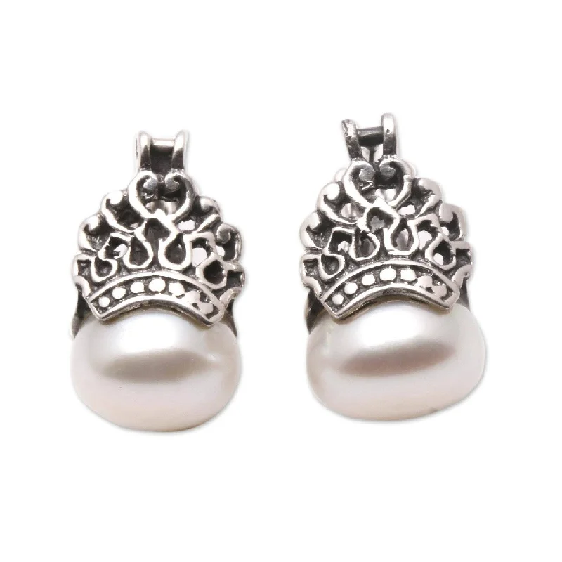 adjustable peak crest earrings-Cotton band earrings-NOVICA Sukawati Crowns, Cultured pearl drop earrings - 0.6L*0.4W