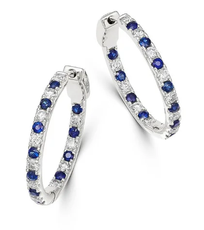 elegant titanium drop earrings-Rectangular opal earrings-Round Shape Sapphire and Diamond Medium Hoop Earrings in 18K White Gold (4.70ctw)