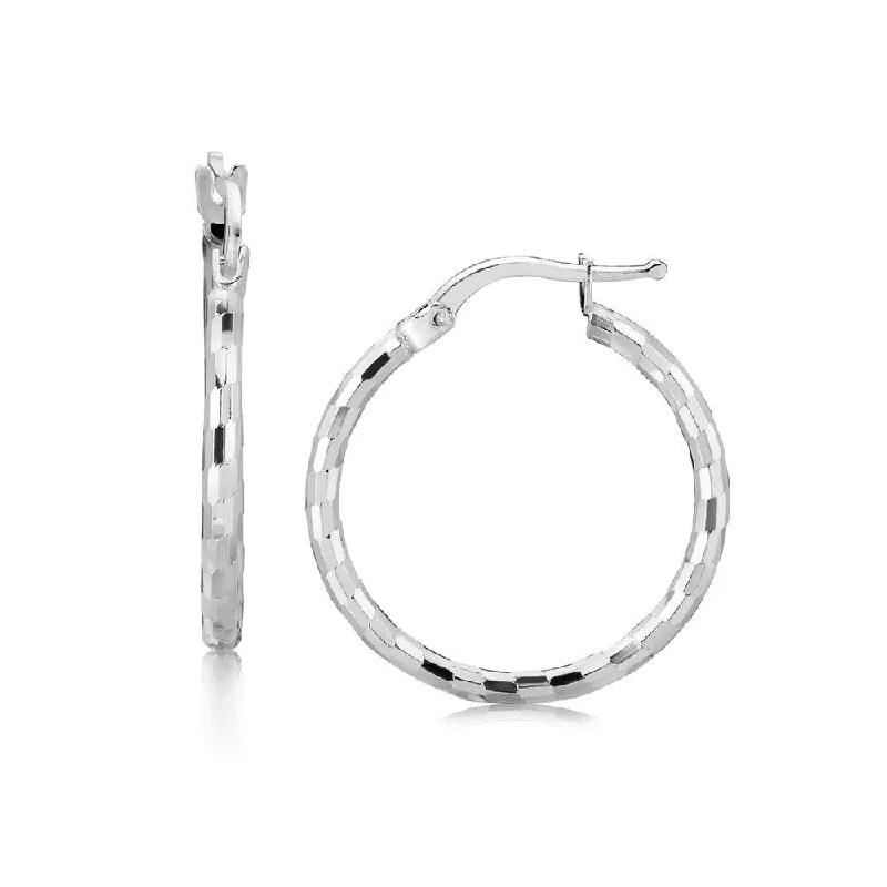 rustic ruby hoop earrings-Flanged edge earrings-Sterling Silver Diamond Cut Hoop Earrings with Rhodium Plating (20mm)