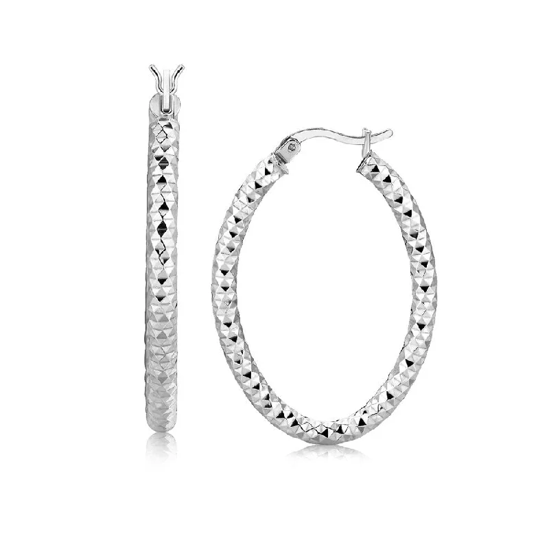 modern sleek crest apex earrings-Velvet wrap earrings-Sterling Silver Diamond Cut Textured Oval Hoop Earrings with Rhodium Plating