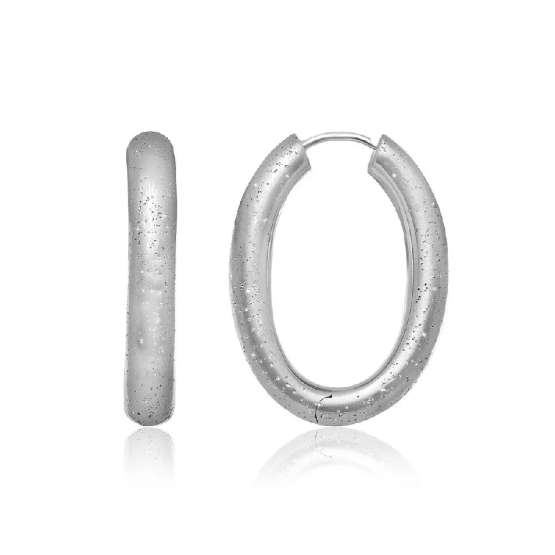 artisan-crafted silver earrings-Faint color earrings-Sterling Silver Diamond Dust Tube Oval Shape Hoop Earrings