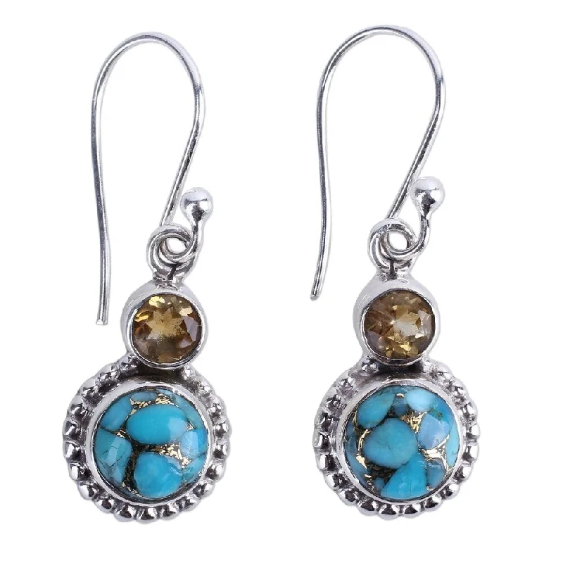 artisan-crafted jade earrings-Nebula drop earrings-Sterling Silver 'Earth and Sun' Citrine Turquoise Gemstone Earrings - 1.3*0.4