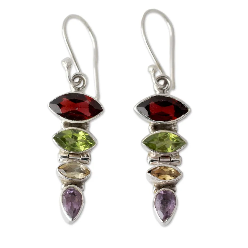 matte silver stellar earrings-Satin weave earrings-Sterling Silver 'Fantastic Quartet' Multi-gemstone Earrings (India)