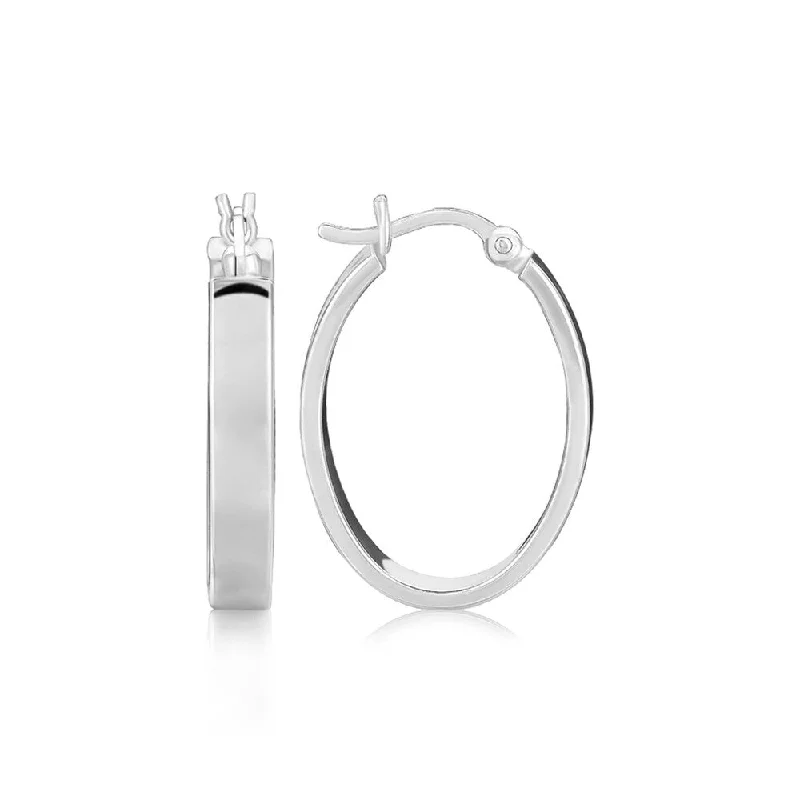 elegant titanium drop earrings-Rectangular opal earrings-Sterling Silver Flat Style Oval Hoop Earrings with Rhodium Plating