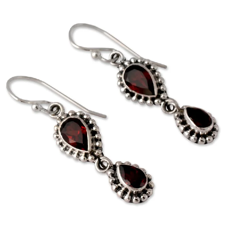 art deco citrine earrings-Molten metal earrings-Sterling Silver Love Song Red Garnet Dangling Earrings