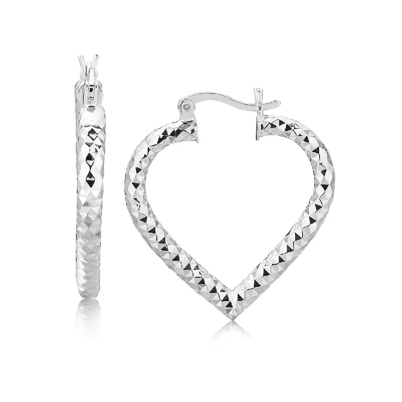 adjustable peak crest earrings-Cotton band earrings-Sterling Silver Rhodium Plated Heart Style Hoop Diamond Cut Earrings