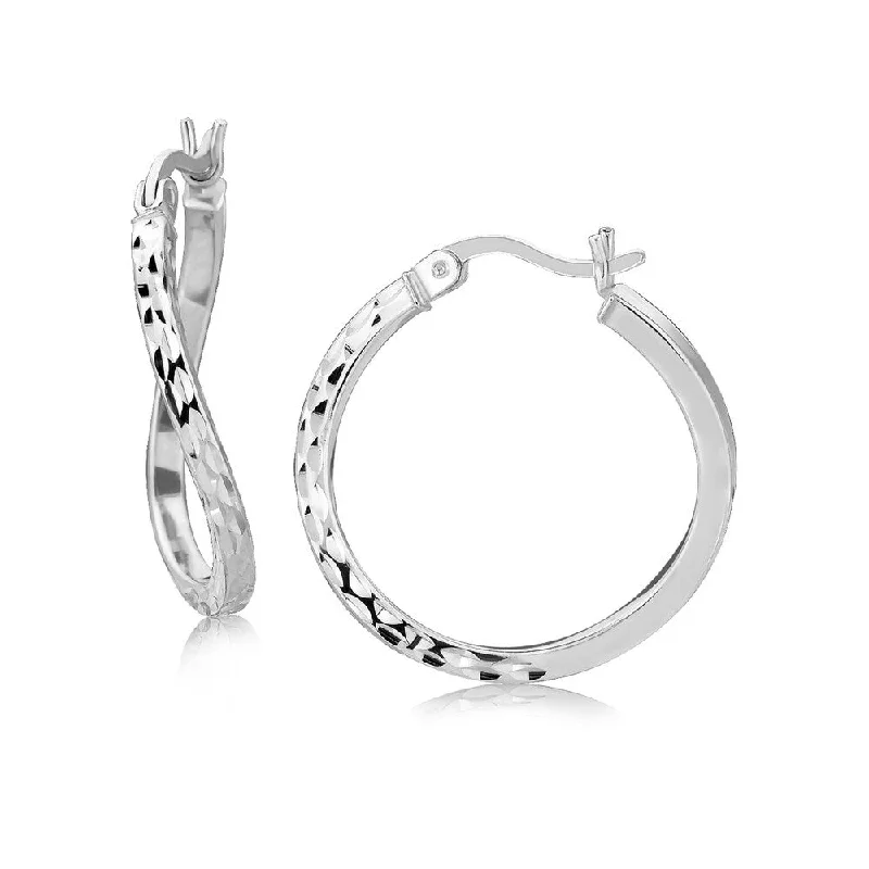 inscribed unity stud earrings-Clamped design earrings-Sterling Silver Rhodium Plated Twist Style Hoop Diamond Cut Earrings (20mm)