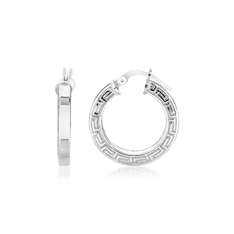 art deco jade earrings-Dual alloy earrings-Sterling Silver Round Hoop Earrings with Greek Key Pattern