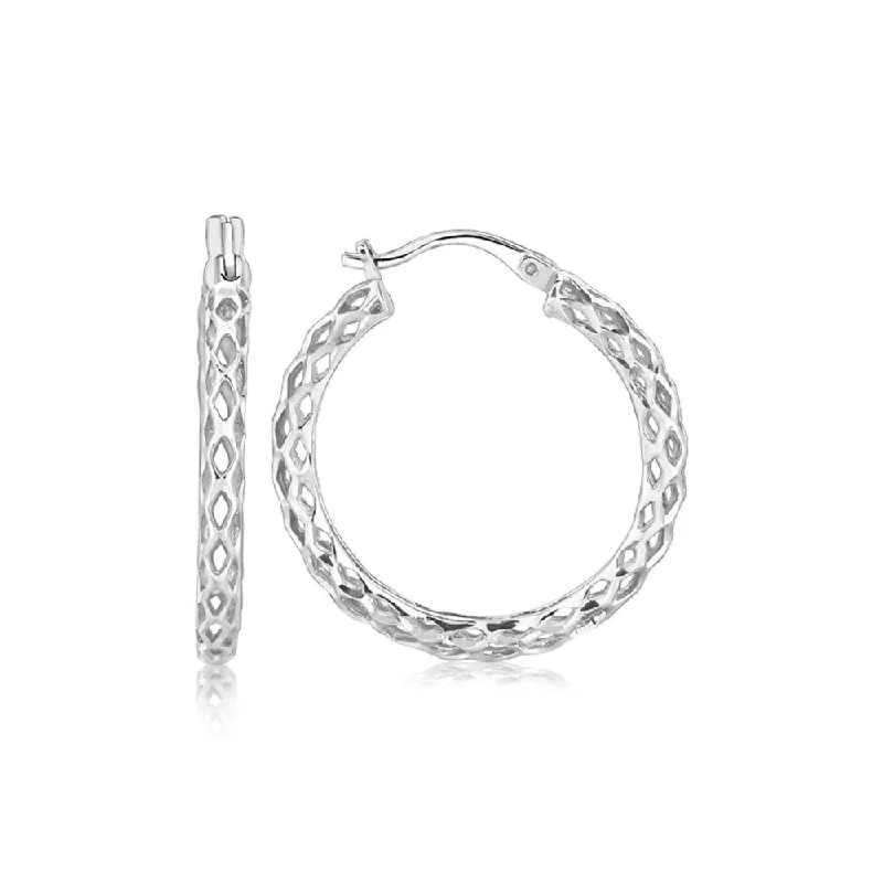 modern sleek crest ridge earrings-Horn ridge earrings-Sterling Silver Woven Design Hoop Earrings with Rhodium Plating