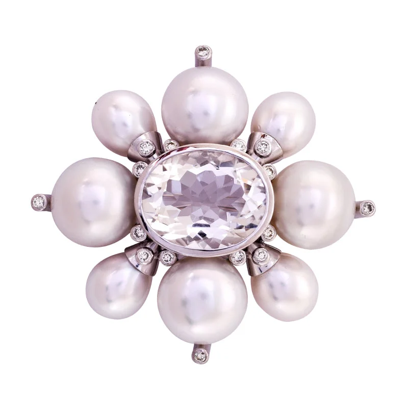 Brooch- Rock Crystal, S.S. Pearl and Diamond in Silver