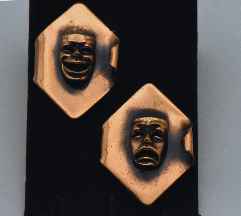 Vintage Pair of Copper Drama Masks Brooches