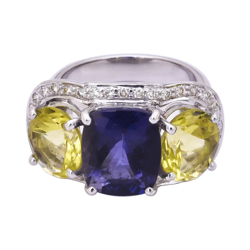 Ring- Lemon Quartz, Iolite and Diamond