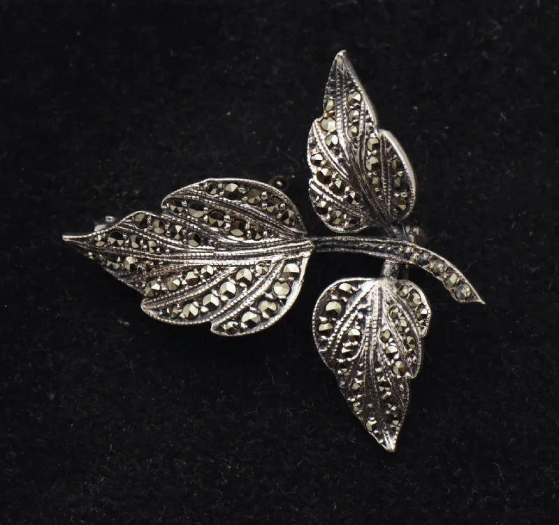 Vintage Sterling Silver and Marcasite Leaves Brooch