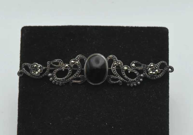 Vintage Sterling Silver Black Onyx and Marcasite Brooch